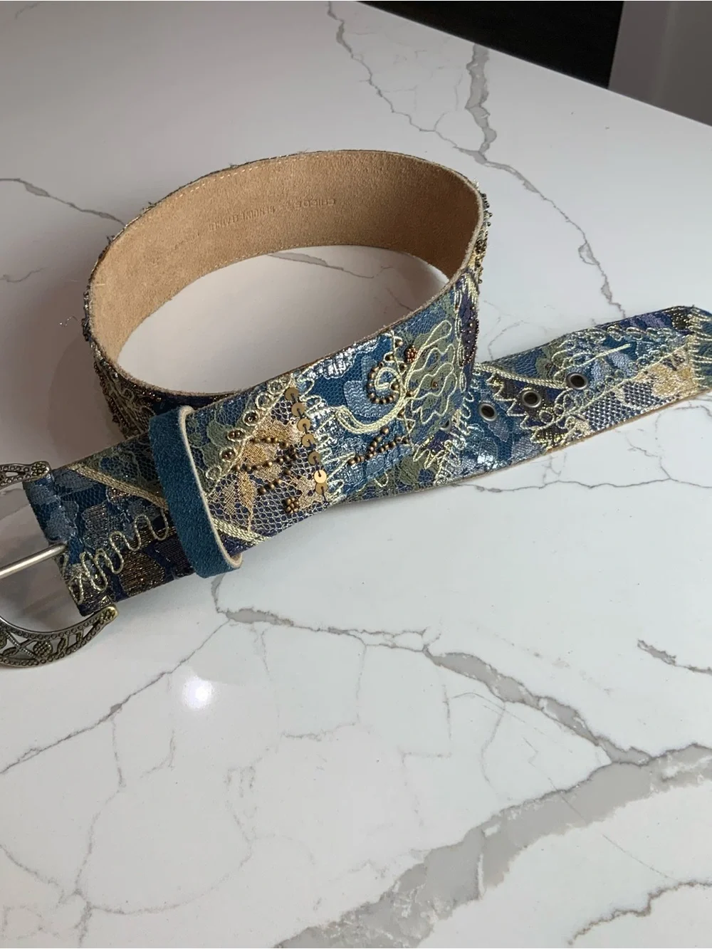 ✨ Chico's Embroidered Beaded Boho Laced Leather Statement Belt Size Small up to